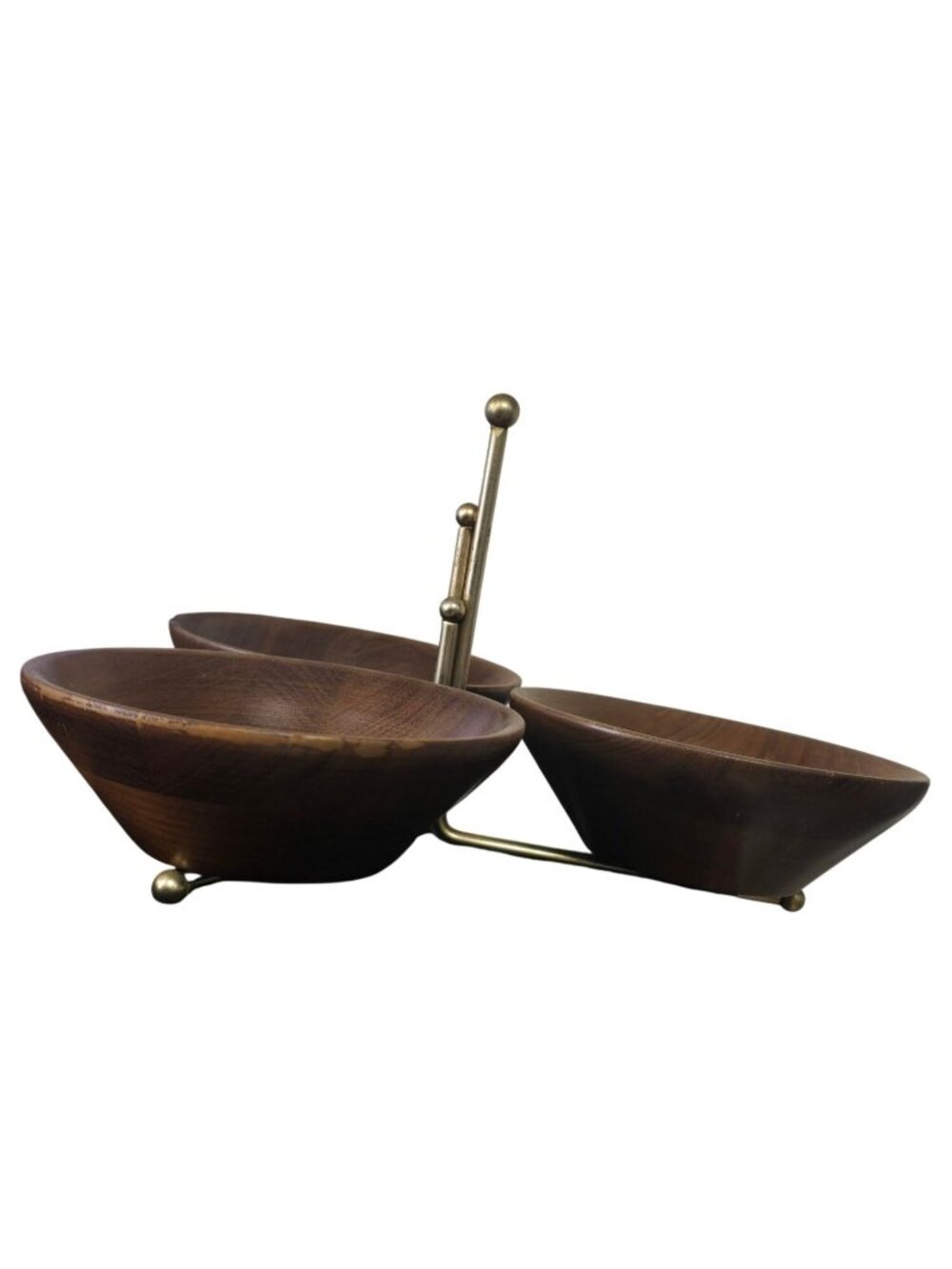 Mid-Century Modern Wood & Brass 3 Serving Snack Dish Nut Bowl - Picture 1 of 10
